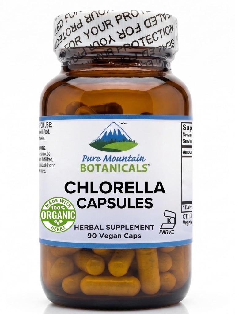 Pure Mountain Botanicals Broken Cell Chlorella קפסולות - 90 כשר טבעוני קפלס עכשיו עם 500 מ"ג אורגני אבקת Chlorella