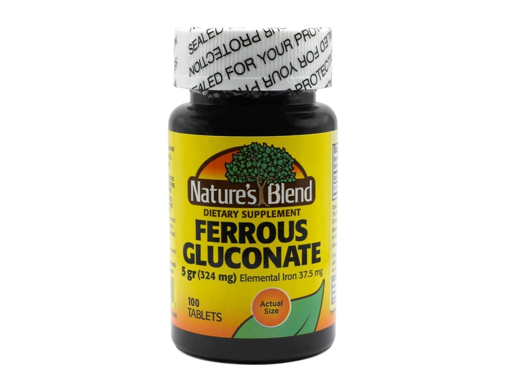 האותיות הקטנות של Nature's Blend Ferrous Gluconate Tablets, 100 Count