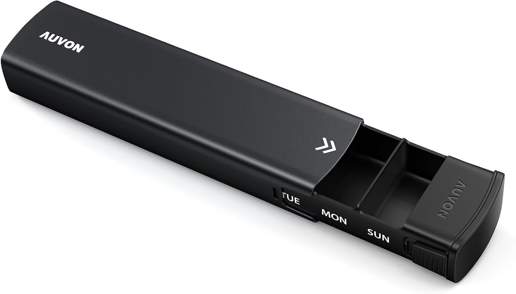 AUVON Metal Weekly Pill מארגנת עם Slide Design, Stylish Travel Pill Box 7 Day for Privacy Protection, אלומיניום Alloy Pill Case עם השוואה גדולה עבור תוספים, שמן דגים (שחור)
