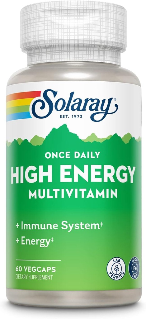 SOLAרי פעם דיילי High Energy Multivitamin, Iron Free, Immune System and Energy Support, Whole Food and Herb Base Ingredients, Men's and Women's Multi ויטמין, 60 משרתים, 60 VegCaps