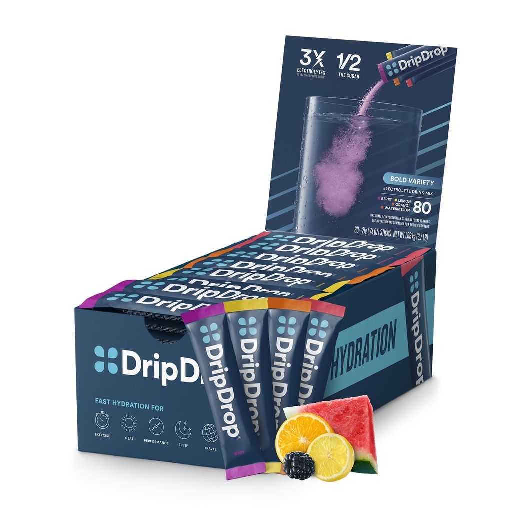 DripDrop hydrotion Packets - Bold Variety Pack - Single Serve Electrolytes אבקת לשתות Mix - Watermelon, ברי, לימון, כתום - non-GMO, Gluten Free, טבעוני - 80 מקלות