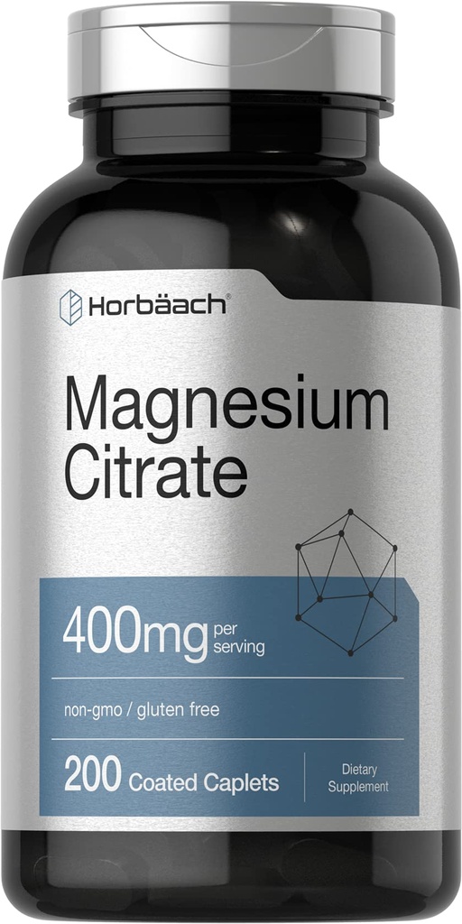 Horbäach Magnesium Citrate | 400 מ"ג | 200 Caplets | Vegetarian, non-GMO ו- Gluten Free Supplement