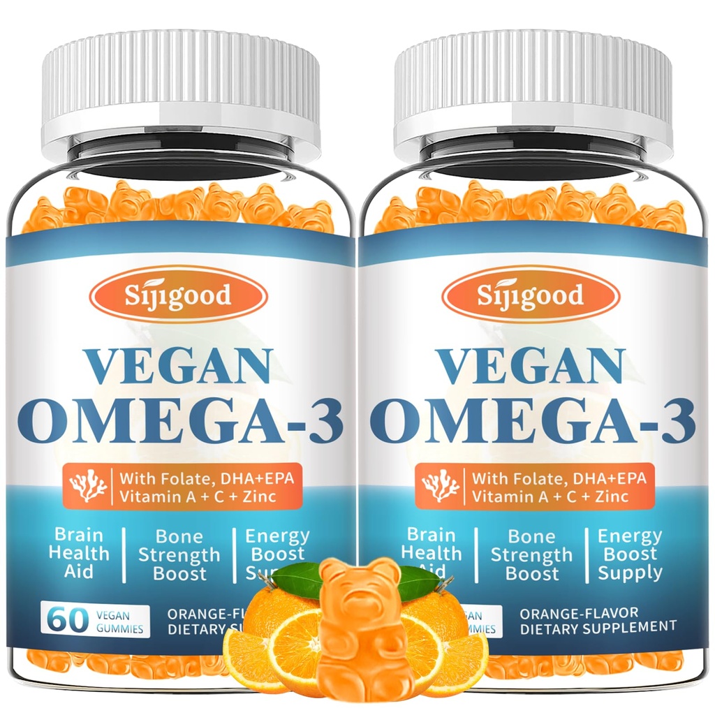 2 Pack אומגה 3 חניכיים פוטנט אלגה אומגה מקור, Boost Brain, Eye & Immune function, עם DHA ו EPA טבעוני & סוכר חינם, כתום פלאמור, 120 הרוזן