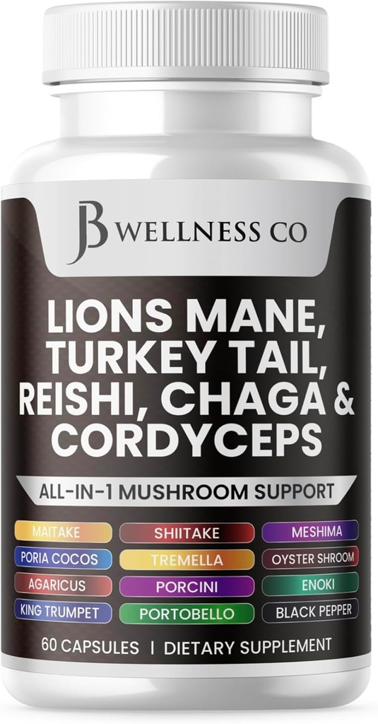 Lions Mane תוספת תמיכה קוגניטיבית, Immune בריאות עם טורקיה Tail 20in1 Mushroom Reishi Cordyceps Chaga עם Marshmallow Root 60 Count