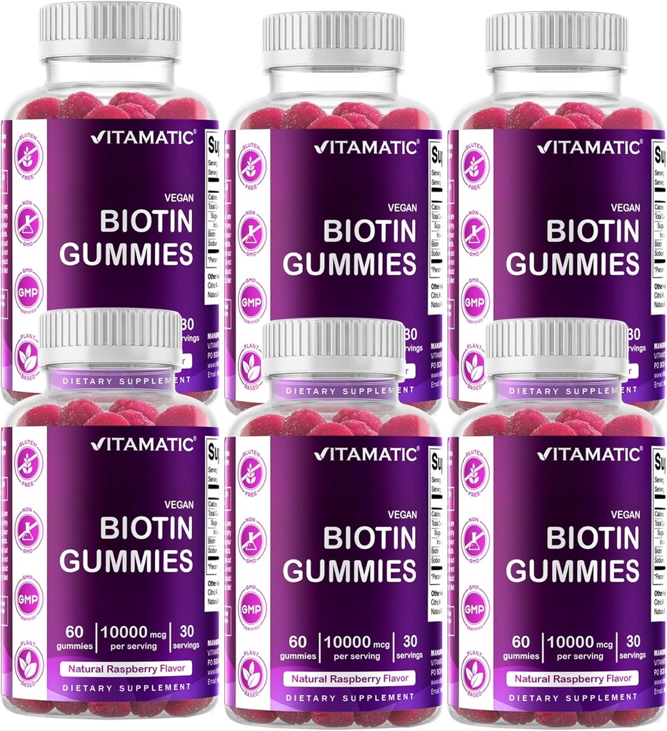 Vitamatic biotin Gummies 10,000 mcg לשיער חזק יותר, Skin & Nails - 60 חניכיים טבעוניות - נקרא גם ויטמין B7 (6 בקבוקים)