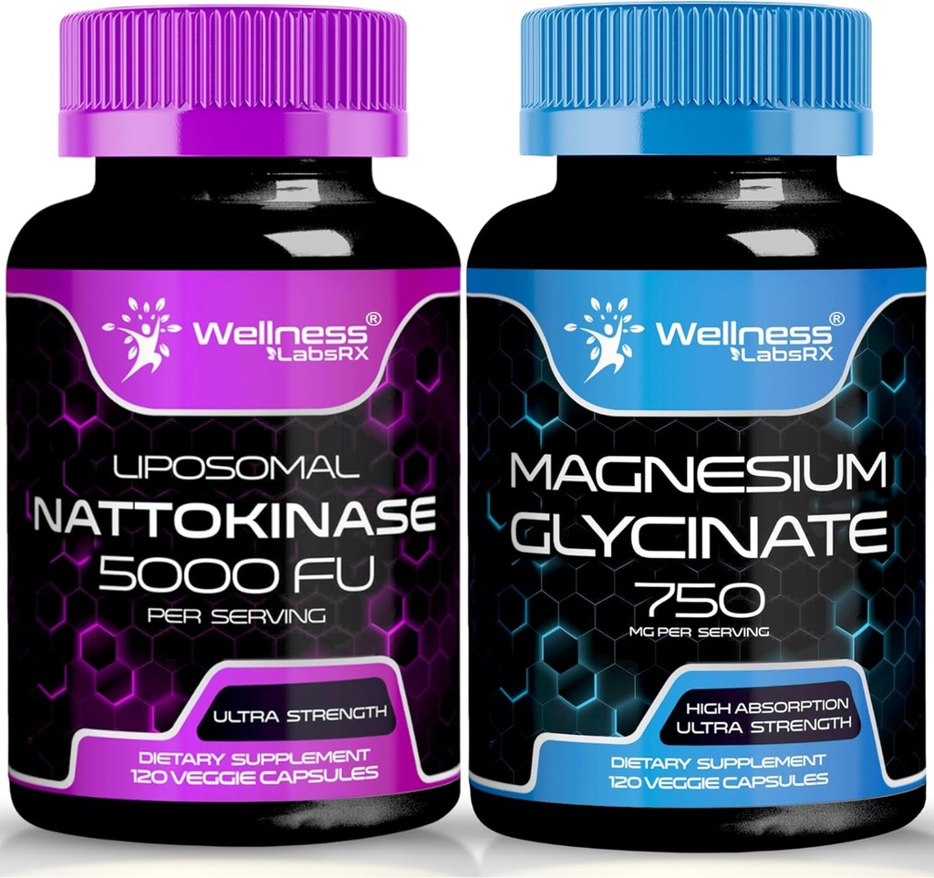Goodness LABSRX Nattokinase תוספי קפסולות - 5000 FU - Magnesium Glycinate קפסולות 750 MG