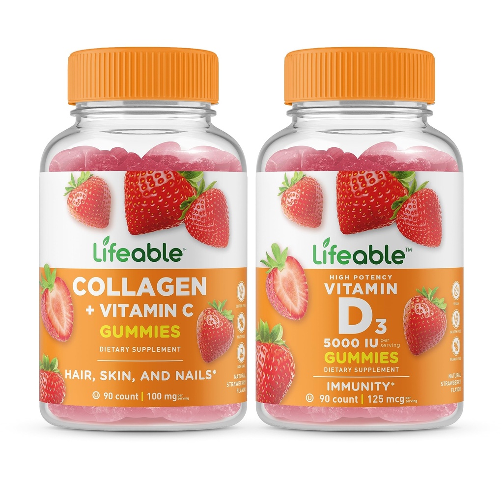 Lifeable Collagen & ויטמין C + ויטמין D 5000 IU, Gummies Bundle - גדול Tasting, ויטמין תוסף, Gluten Free, GMO Free, Chewable Gummy
