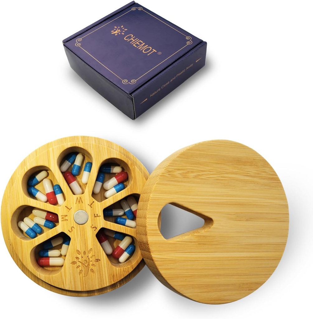 Bamboo Wood Weekly Pill מארגנת עבור תוספי ויטמין תרופה, Arthritis Friendly 7-Day Pill Box Container Holder, Daily Portable Travel Pill Case Keeper