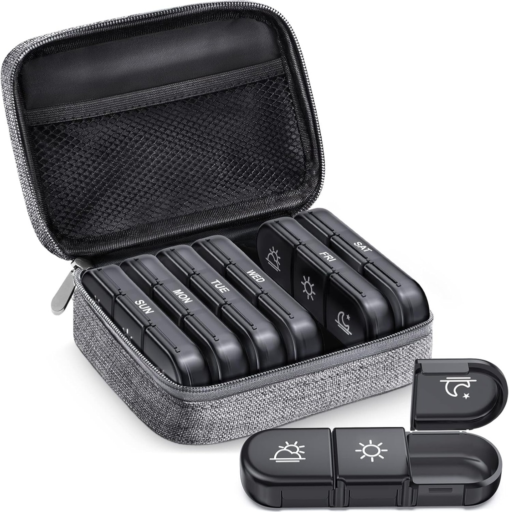 ZIKEE גדול גלולות מקרה מארגנת 3 פעמים ביום, Portable Light Proof Canvas Bag Pill Box 7 Day כדי להגן על הפרטיות והחנות שלך, ויטמין, שמן דגים, תוסף (Grey)