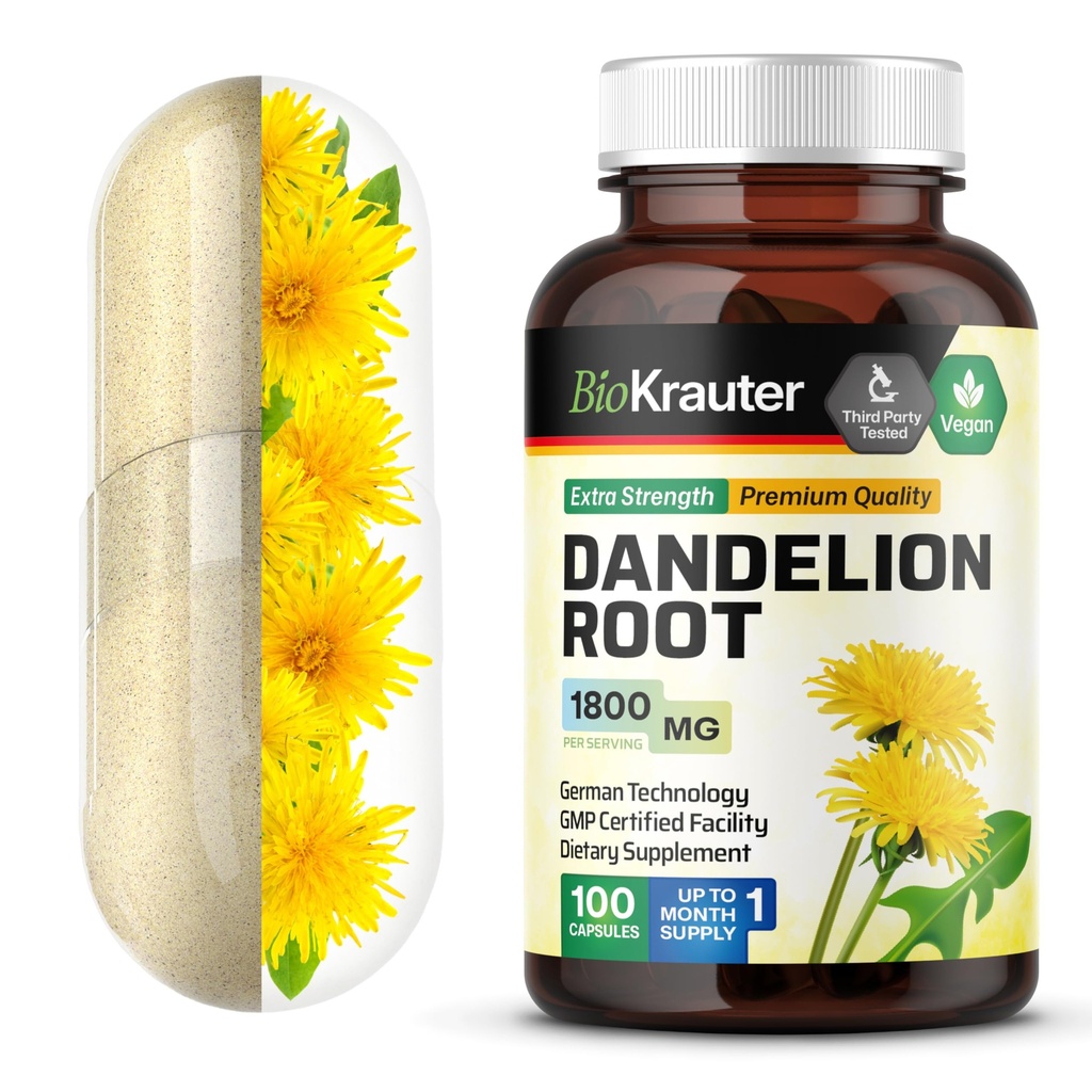 BIO KRAUTER Dandelion Root כמוסות - 1800 מ"ג כוח - 100 Count - Dandelion Root תוסף - קפסולות טבעוניות לתמיכה Liver