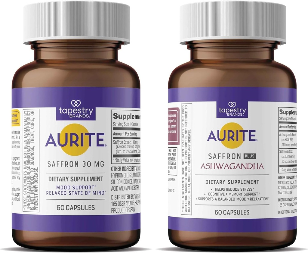 Saffron Ashwagandha & Saffron תוספת Bundle | Stress Management, Mood Support, Long Term Memory. ידידותי צמחוני, non-GMO, Gluten-Free, Soy-Free