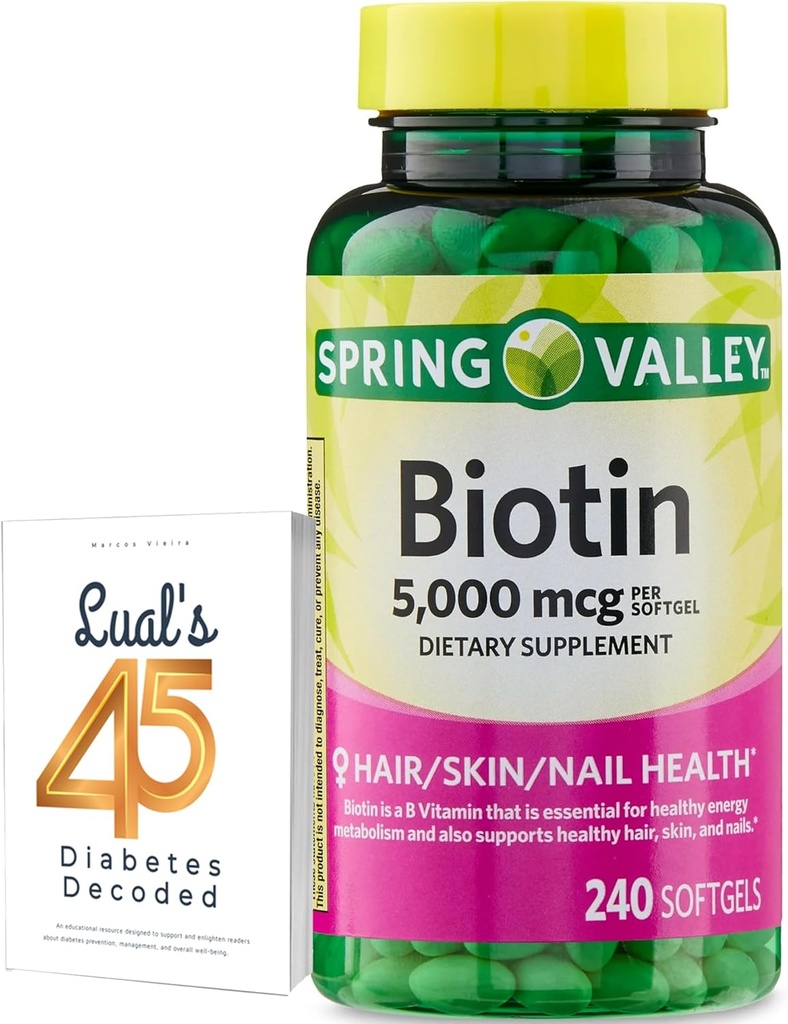 עמק האביב ביוטין 5000 mcg 240 ספירה, תוספת תזונתית לציפורני שיער, ויטמינים לשיער עבור אובדן שיער עבור נשים Bundle עם 45 סוכרת של Lual