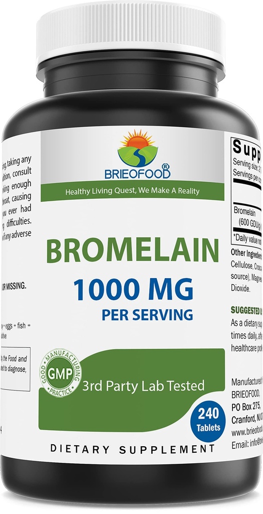 Brieofood Bromelain 1000 מ"ג עבור 240 טבליות - Proteolytic Digestive Enzyme - תמיכה בריאות בריאות, בריאות משותפת, תזונה תזונתית