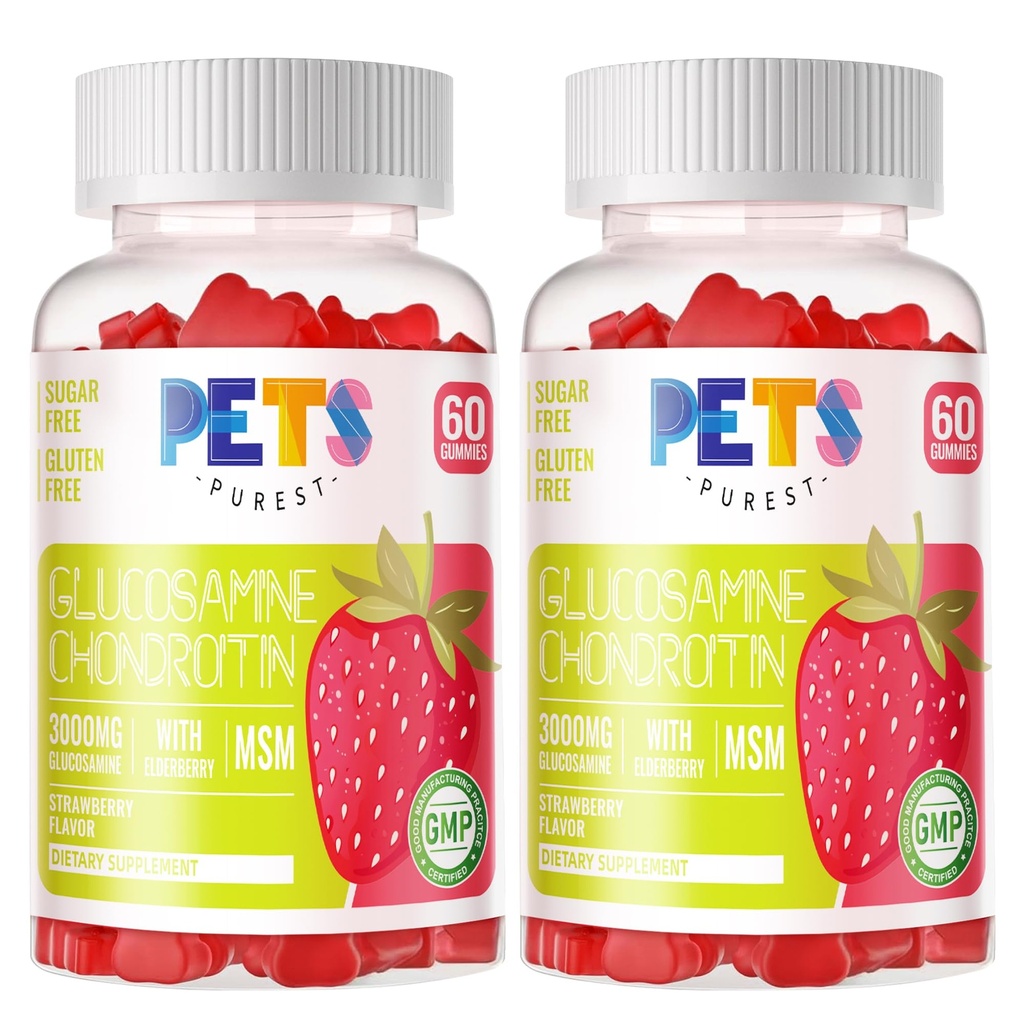 חיות מחמד Purest Glucosamine Chondroitin חניכיים עם MSM & Elderberry תוספת כוח - תמיכה משותפת, תמיכה אנטי-חמצן תמיכה תוספת למבוגרים, גברים ונשים.(2 Pack) Strawberry