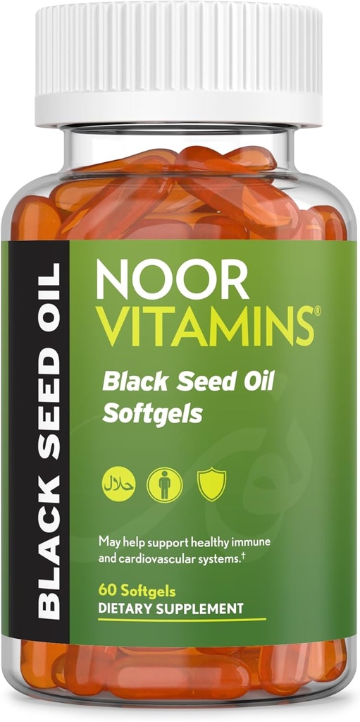 Noor ויטמינים Halal Black Seed שמן קפסולות, האלאל ויטמינים, 1000 מ"ג שמן Seed שחור מ Nigella Sativa, Thymoquinone, non-GMO, Gluten Free, 60 Count Count