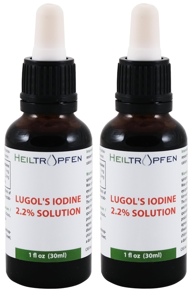 2X 2.2% הפתרון של לוגול 2x1 Fl Oz - 2x30 מ"ל | תרופות כיתה אינטגרedients | פתרון Lugols נעשה עם Iodine ו- Potassium Iodide | Set of Two Bottles | Heiltropfen®
