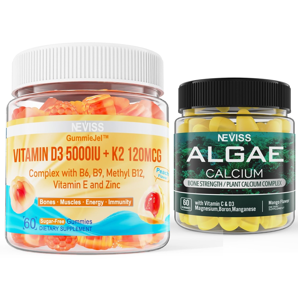 NEVISS D3 5000IU K2 חניכיים + Marine Algae Calcium Gummies Bundle