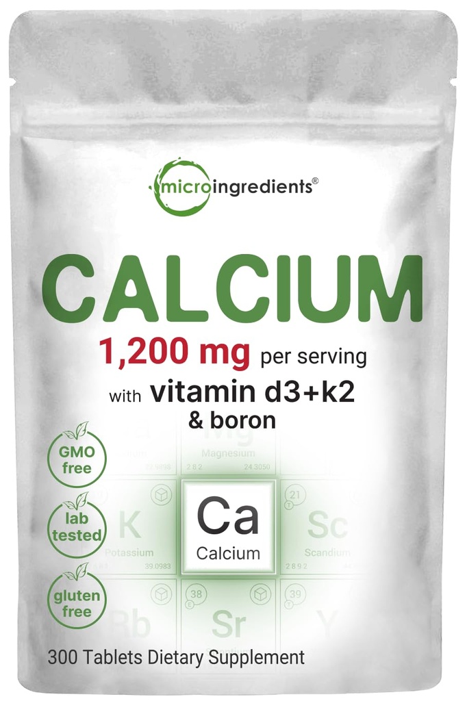 Micro Ingredients Calcium 1,200 מ"ג עם ויטמין D3 & K2, 300 טבליות | תוספי Calcium עבור נשים וגברים | מינרלים תמיכה בעצמות, שיניים, קולון ו- Cardiovascular Health