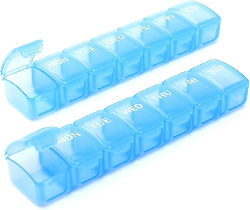 2 Packs Small Weekly Pill מארגנת,Pocket Daily Pill Box for Pills/Vitamin/Fish Oil/Supplements (כחול)