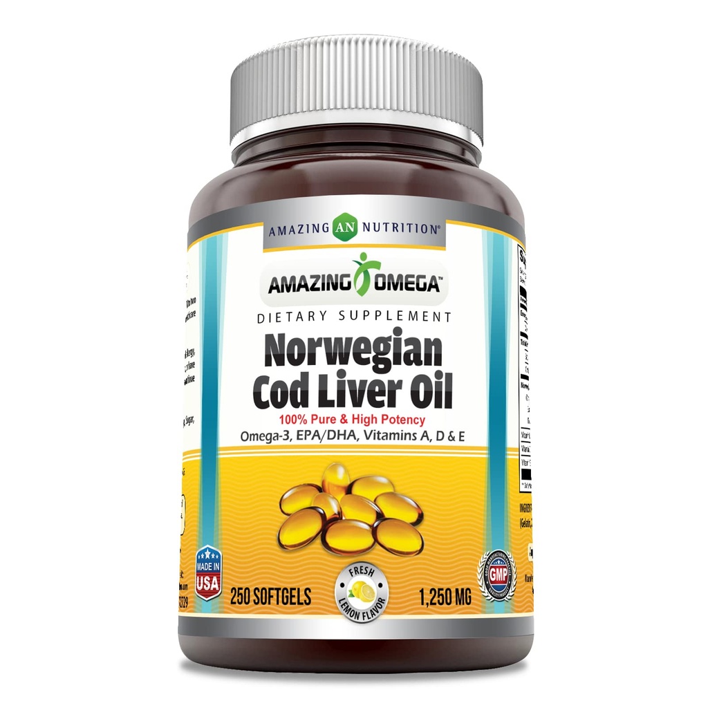 אומגה נורוויג'ן Cod Liver Oil 1250 Mg Softgels תוסף אומגה 3, EPA, DHA, ויטמין A, ויטמין D & ויטמין E (Lemon | 250 Count)
