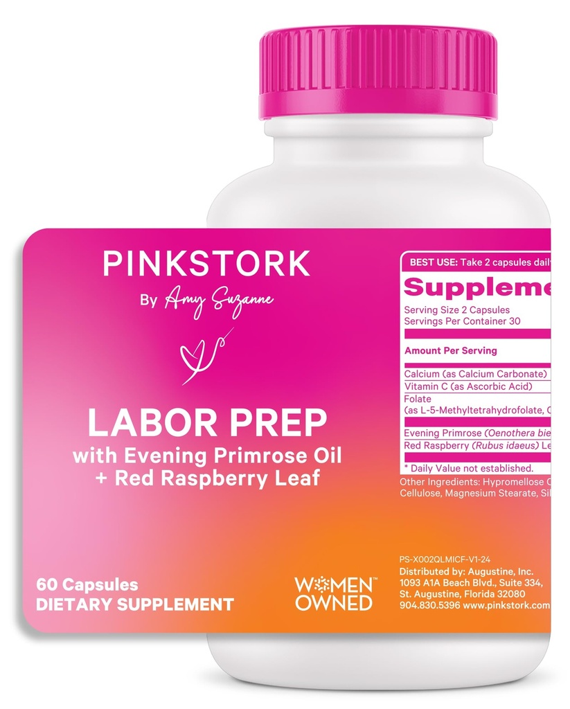 Pink Stork Labor Prep תוסף - Evening Primrose Oil & Red Raspberry Leaf for Third Trimester, Gentle Labor & Postpartum Support, הריון והנקה בטוחה, 60 קפסולות טבעוניות