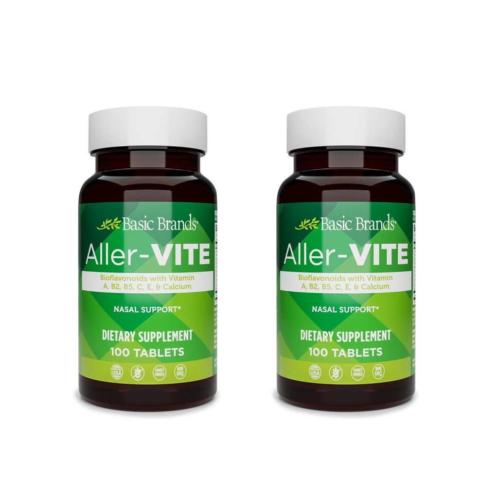 מותגי יסוד Aller-Vite - טבליות טבעיות אלרגיה - תמיכה ההומופתית Sinus & Nasal עם bioflavonoids, ויטמין A, B2, B5, C, E & Calcium - 100 טבליות טבעוניות - 2Pack