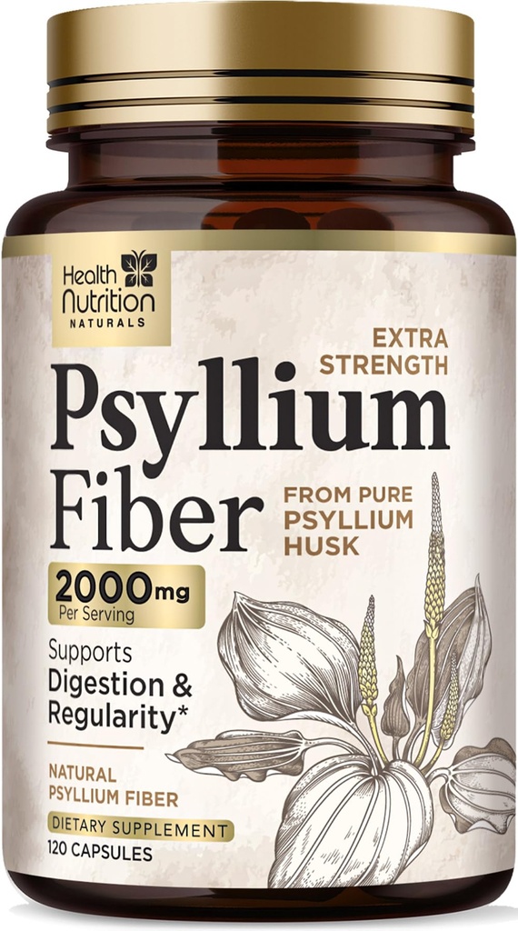 Psyllium Husk קפסולות 1500 מ"ג - גלולות סיבים טבעיים, Daily Digestion, בריאות קולון ותמיכה סדירה, Plant Based Psyllium Husks אבקת Caps, טבעוני, non-GMO - 120 קפסולות Veggie