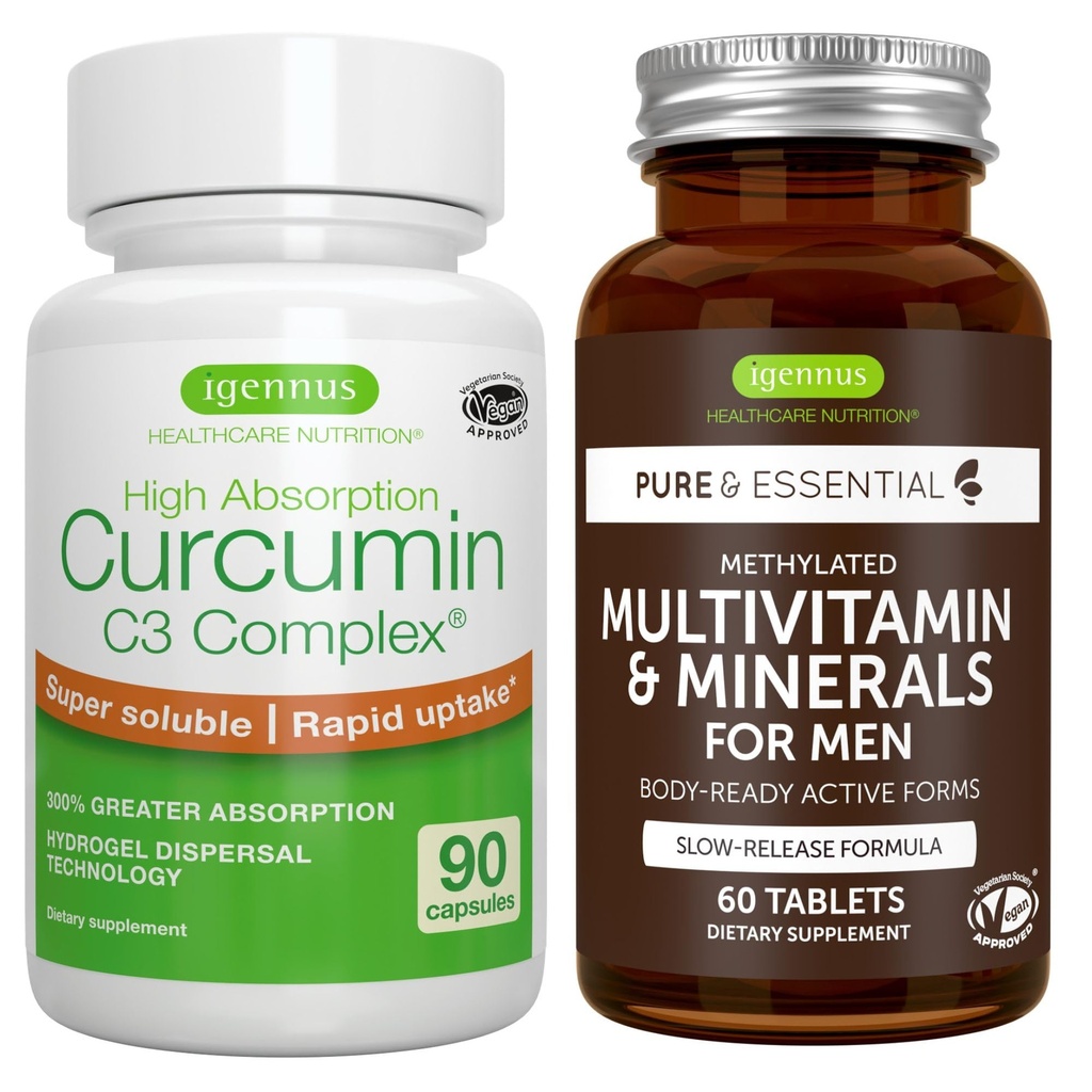 Multivitamin & מינרלים לגברים + High Absorption Curcumin C3 Complex, טבעוני Bundle, Sustained לשחרר Multivitamin + 300% Absorption Curcuminoids עם Rapid Uptake, על ידי Igennusssss.