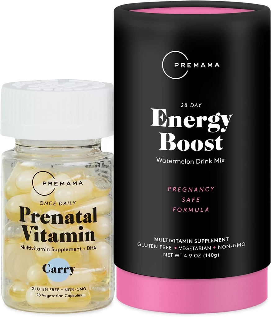 Premama Prenatal ויטמין אנרגיה Boost Drink & Prenatal Support Bundle, אומגה 3, ויטמין B, DHA, Folate, 28 משרתים