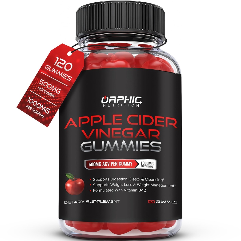 OrPHIC NUTRITION Apple Cider Vinegarmies - 1000 מ"ג - ACV ירידה במשקל חניכיים - תמיכה עיכול, Detox & ניקויsing - VIT B12, Beetroot - Gomitas de Vinagre de Manzana (120 PCs)