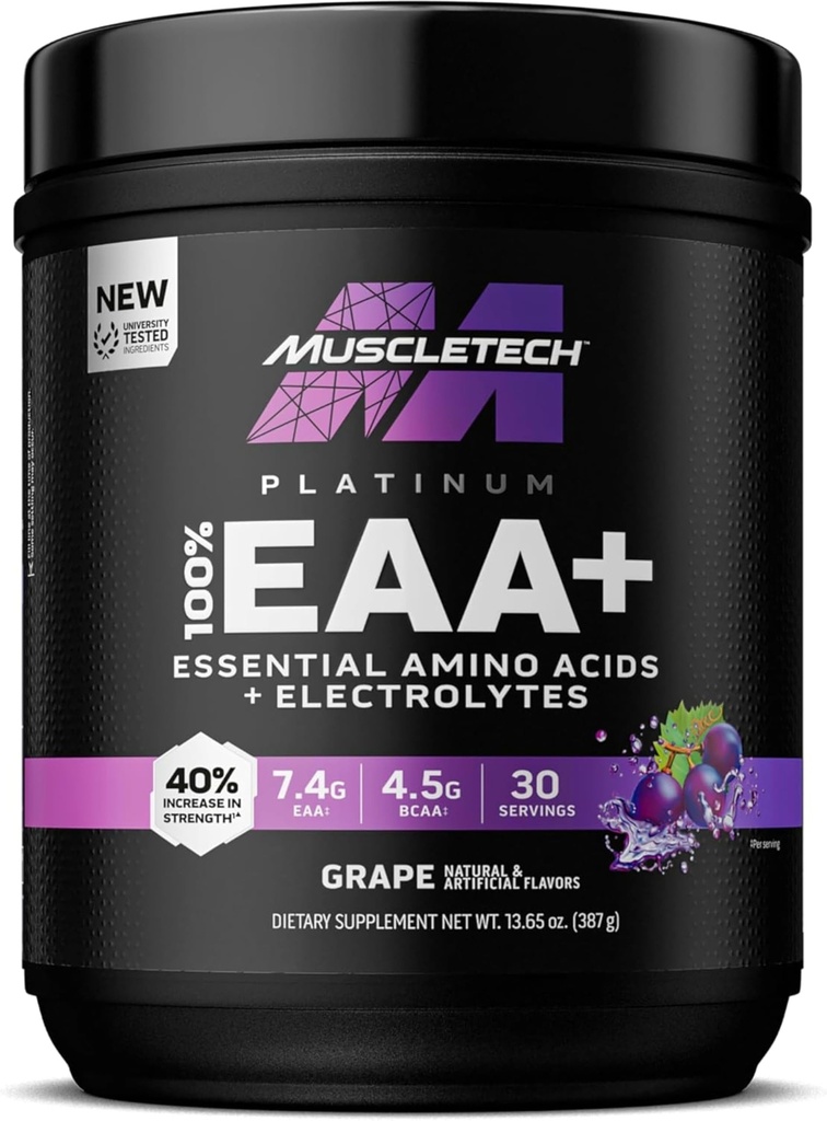 שריר טכנולוגיה פלטינום חיוני Amino Acids תוספת עם אלקטרוליטים, Grape - אבקת טרום עבודה עבור אנרגיה, שריר צמיחה וכוח בונה - תרכובת EAA לגברים ונשים - 30 משרתים