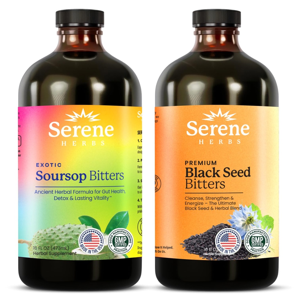 Serene Herbs Soursop Bitters נוזל & Black Seed Bundle - אורגני צמחים צמחים Guanabana עבור תמיכה מזיקה בריאות החיסון - טבעוני, non-GMO - 32 oz (16 oz כל אחד), 32 משרתים