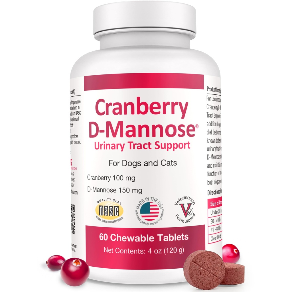 Cranberry D-Mannose Urinary Tract תוסף עבור כלבים וחתולים - Bladder & UTI בריאות תמיכה - פלט קרנברי, D-Mannose & ויטמין C-Promotes Urinary Wellness & Kidney Function - 60 טבליות Chewable Tablets