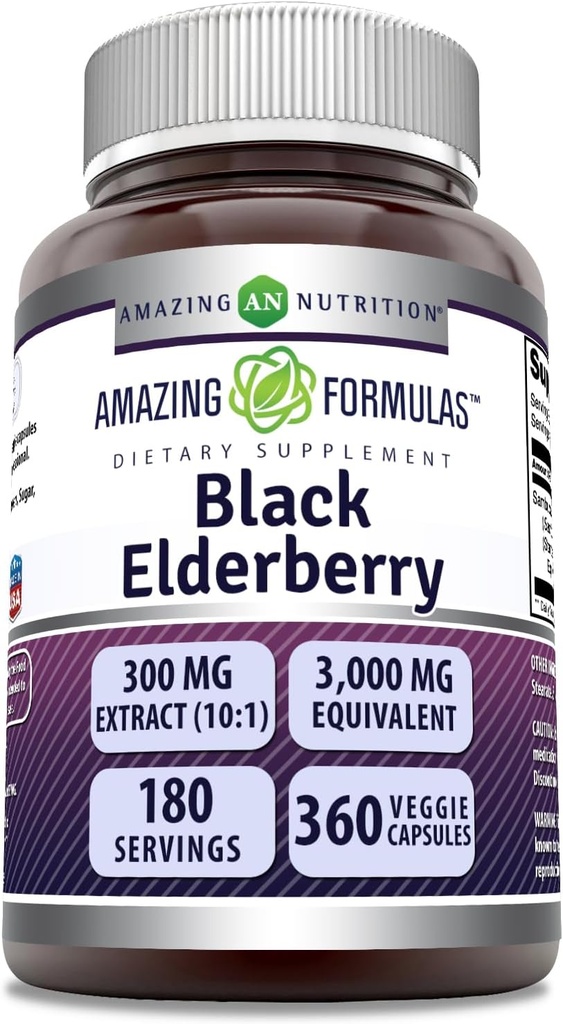פורמולות מדהימות Sambucus Black Elderberry | 300 Mg לחלץ 10:1 (3000 Mg Equivalent) | ווג'י קפסולות | Non-GMO | Gluten-Free | Made in USA (1 Pack, 360 Count)
