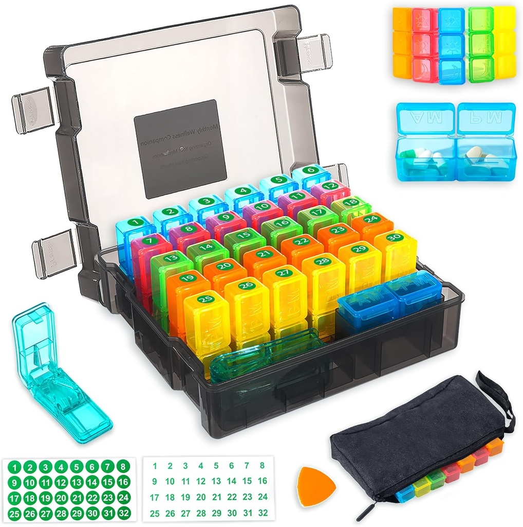מארגנת גלולות חודשיות 2 פעמים ביום עם 31 ימים Moistureהוכחה Box, Weekly Pill Bag, Pill Cutter, Red Open Pick for Easy Use, Large Capacity for Convenient Medicine Management (Black)