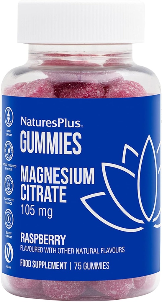NaturesPlus Gummies Magnesium Citrate - 75 מסטיקנים, Raspberry - Helps Calm The Mind & Body, Supports העצמות - Vegetarian, Gluten Free, non-GMO - 25 משרתים