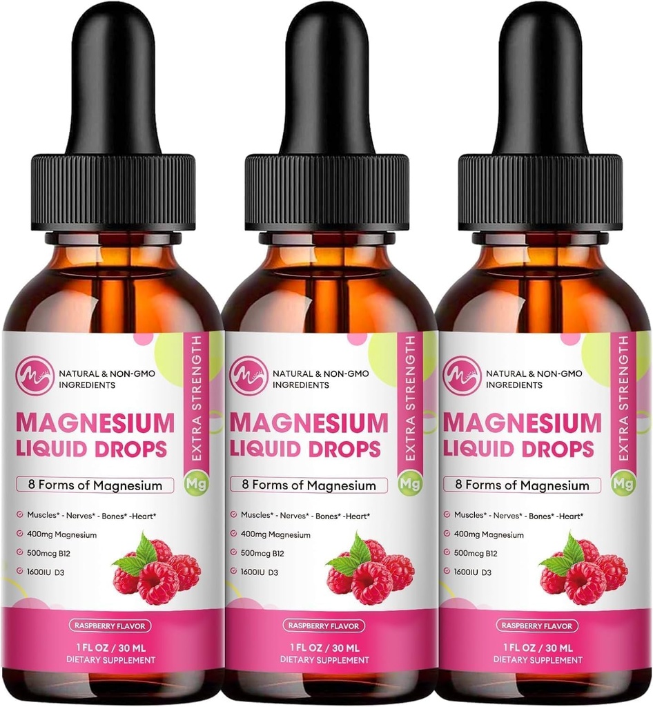 (3 Pack) Magnesium נוזל טיפות - 8 ב 1 Magnesium Complex תוספת עם Magnesium Glycinate, Citrate, Malate, Taurate, for Brain, Night, השרירים, העצם, Cramps, Raspberry Flavors, Raspberry Flavor