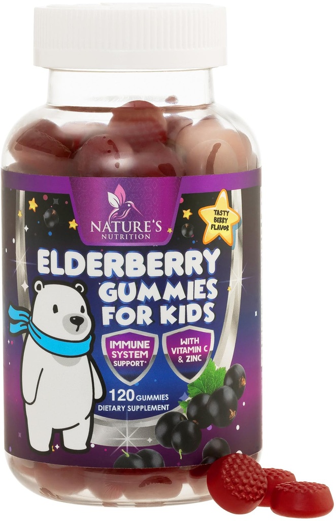 Kids Immune Support Elderberry Gummies - Daily Children's Vitamins C, Zinc & Kids Support Gummy - Nature's Sambucus Elderberry Supplement, Vegan, Gluten-Free, Tasty Berry Flavor - 120 Gummies