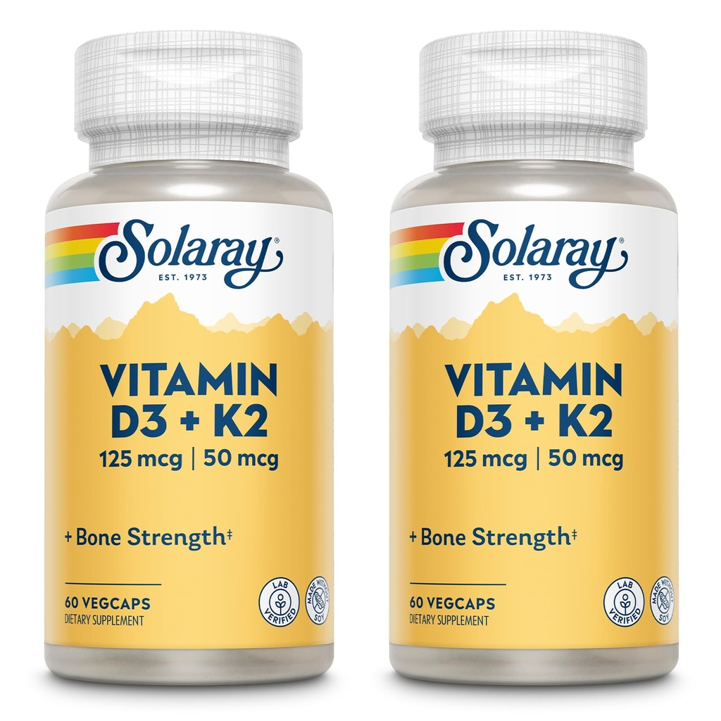 SOLAרי ויטמין D3 + K2, D & K ויטמינים עבור Calcium Absorption ותמיכה עבור מערכת Cardiovascular בריאה ו Arteries, Non-GMO & No Soy