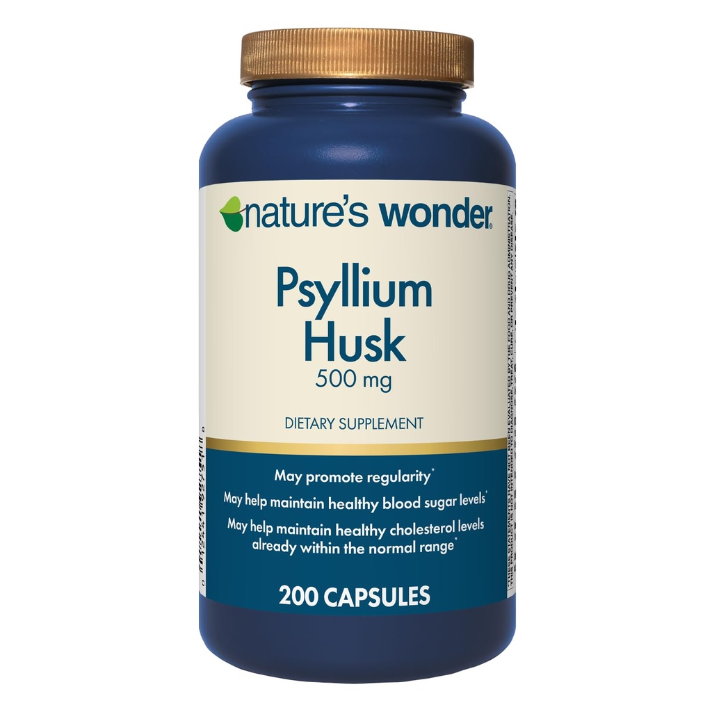 Nature's Wonder Psyllium Husk 500 מ"ג קפסולות לבריאות העיכול, סיבים מבוססי צמחים, 200 הרוזן
