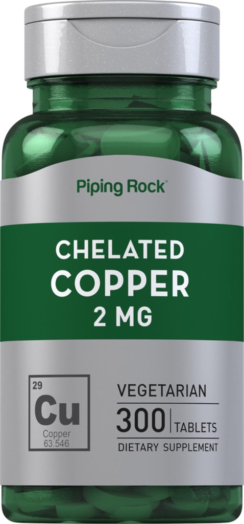 Piping Rock Chelated Copper 2 מ"ג תוסף | 300 טבליות | Vegetarian, non-GMO, Gluten Free