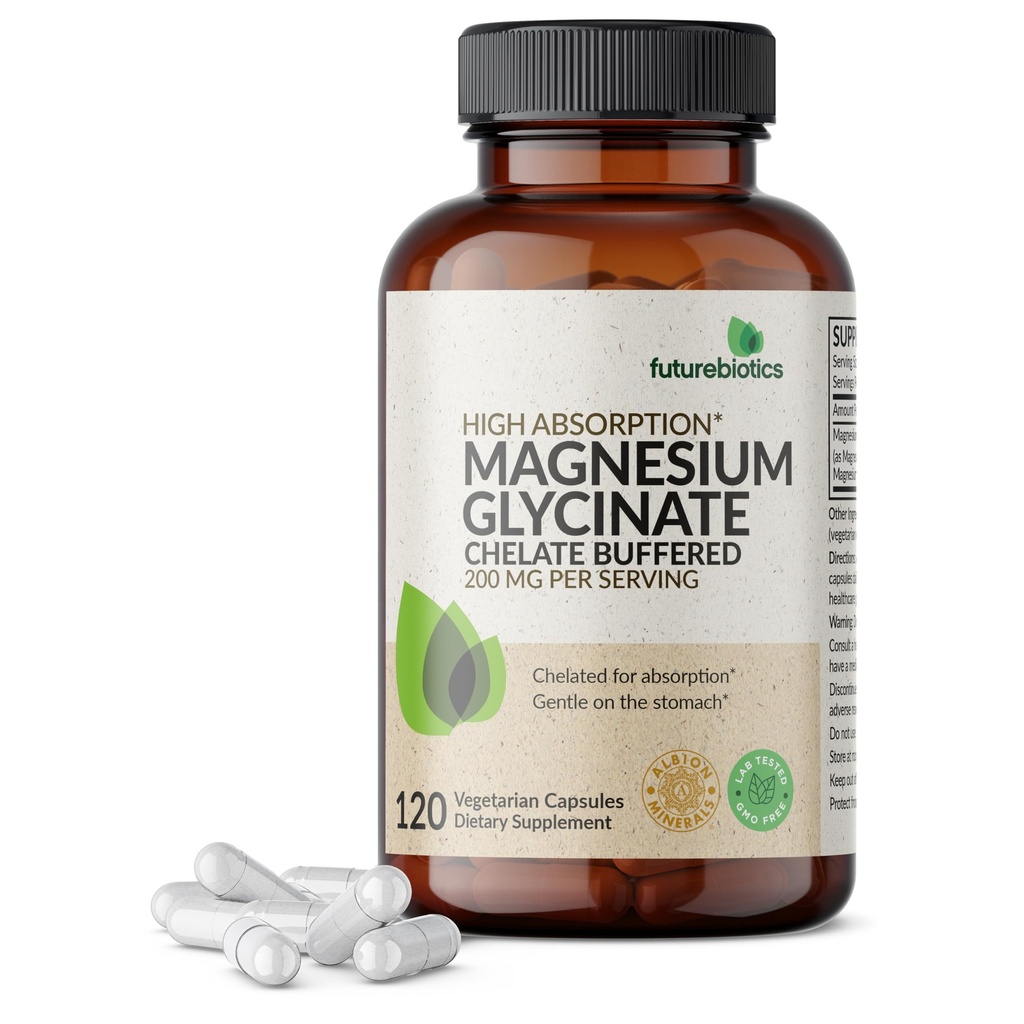 Futurebiotics Magnesium Glycinate 200 MG לכל משרת צ'אד עבור Absorption גבוהה, Gentle On Stomach, non-GMO, 120 קפסולות צמחוניות