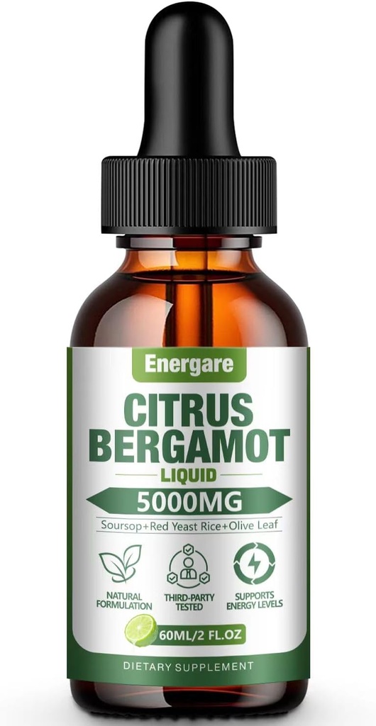 1 Pack 5000MG Citrus Bergamot נוזל טיפות תוספת גבוהה כולסטרול-Soursop, Red Yeast Rice, Olive-All-Natural, Health Support, Immune Support, Heart Health & Antioxidant, 2 Fl Oz Oz