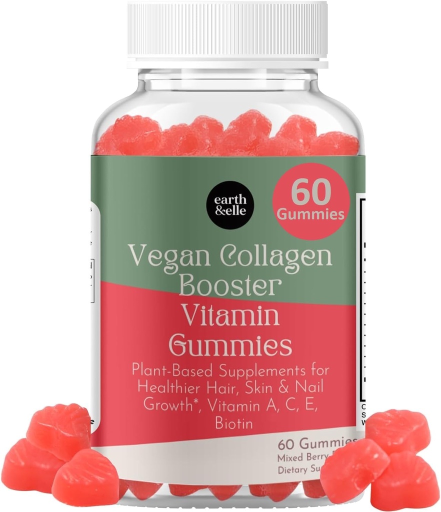 earth & elle Vegan Collagen Booster Gummies for Women with Biotin and Vitamins - Boosts Hair Nails and Skin Health, Anti-Aging - Delicious Sugar Free Berry Flavor - Easy to Chew - 60 Count
