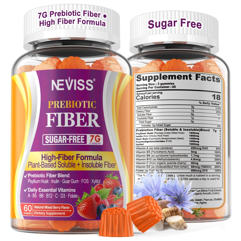 1Pack סיבים חניכיים למבוגרים עם Psyllium Husk, 7G(Soluble + Insoluble) Daily Prebiotic סיבים עם Inulin, FOS, Guar Gum, Multivitamins עבור בריאות יומית העיכול, סדירות Gut תמיכה,Sugar חינם חינם חינם פרי