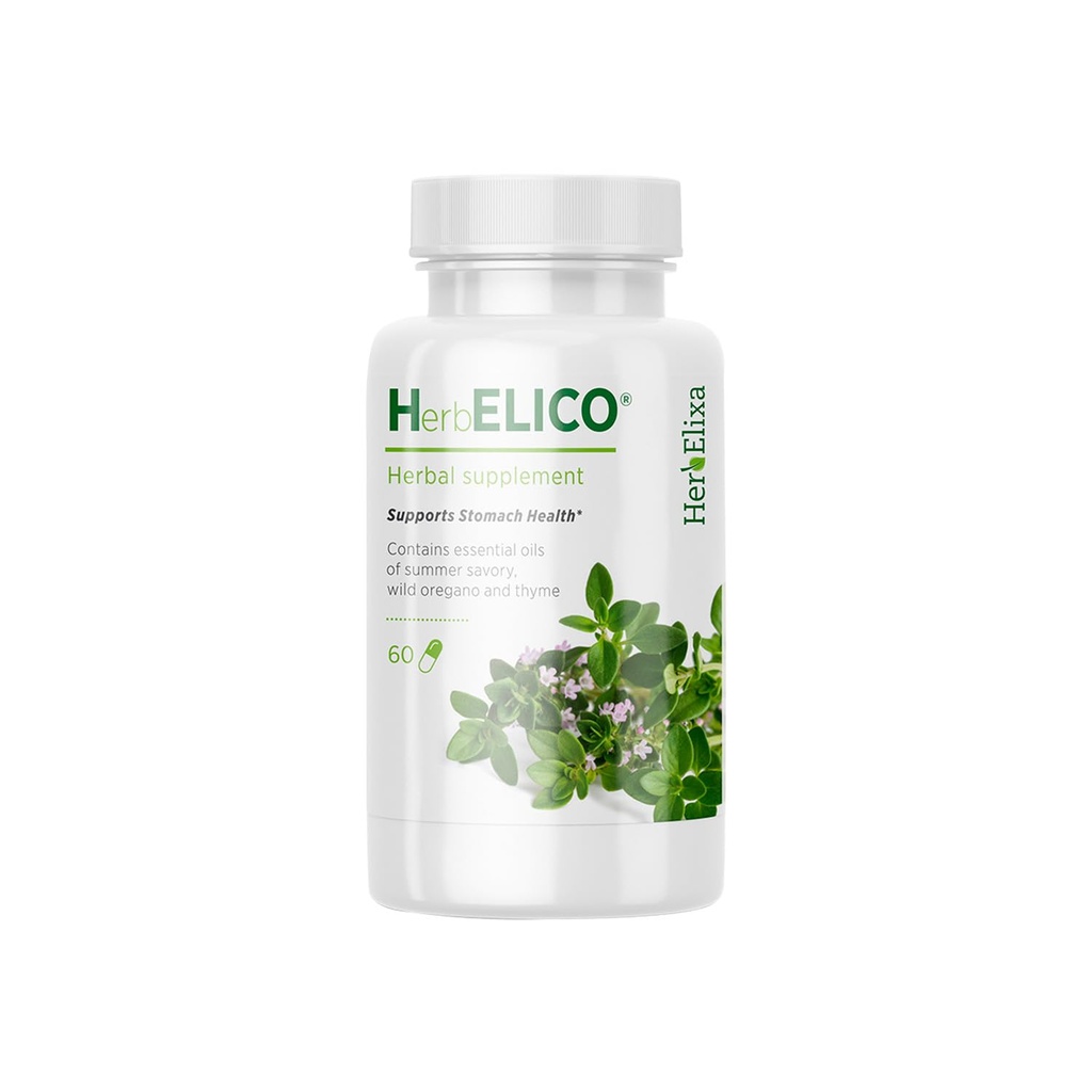 HerbELICO® - Wild Oregano, Thyme & Summer Savory שמנים ים תיכונית בלנדר, 60 קפסולות, צמחי מרפא כתובות H. Pylori, Acid Reflux, Heartburn, Non-GMO & Gluten Free