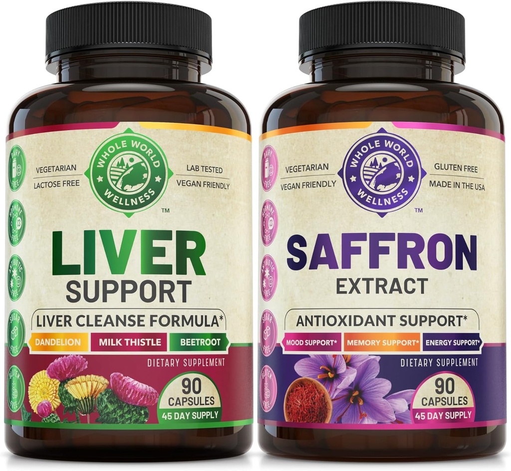 Liverנקה Detox תיקון פורמולה ו- Pure Saffron לחלץ Bundle (בקבוק אחד). תמיכה ב- Liver Health, Energy Boost, Mood, Metabolic Function. ארה"ב עשתה.