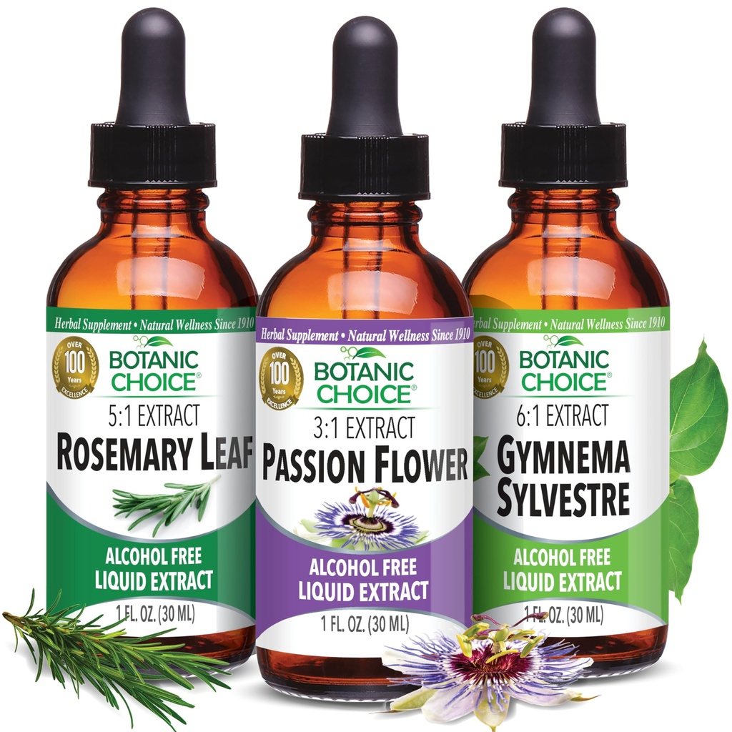 Botanic Choice Passion Flower, Rosemary Leaf, & Gymnema Sylvestre Extracts Bundle – Daily Overall Wellness Kit for Overall Wellbeing (1 fl. Oz. Each)