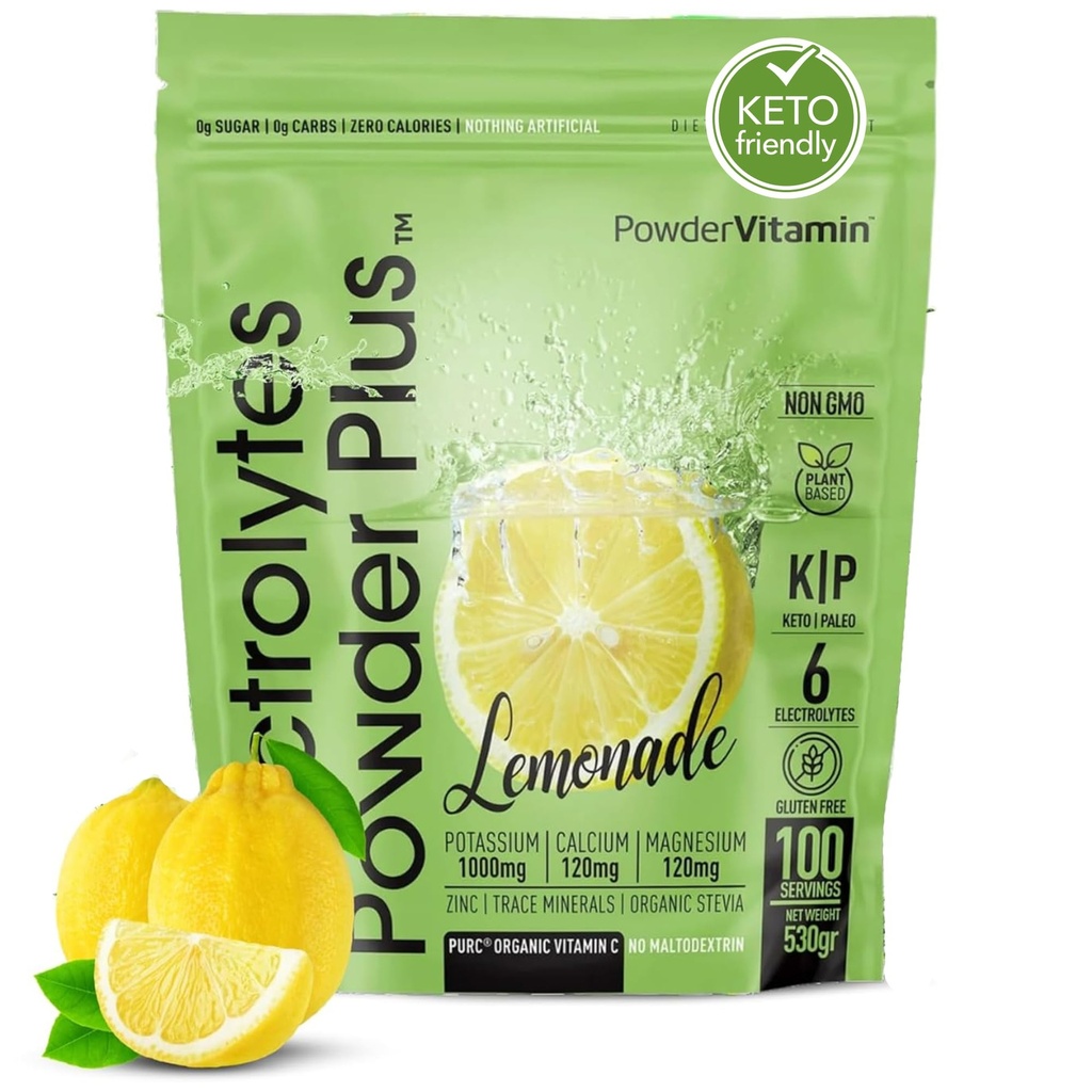 אבקת Vitamin אלקטרוליט אבקת פלוס Keto, Lemonade (100 משרתים) 0 סוכר, No Maltodextrin, 1000 מ"ג פוטאסום, 120 מ"ג Calcium, 120 מ"ג מגנזיום, ויטמין Organic ויטמין C, Zero Calories, אבקת אנרגיה הידרציה אבקה אבקת אנרגיה
