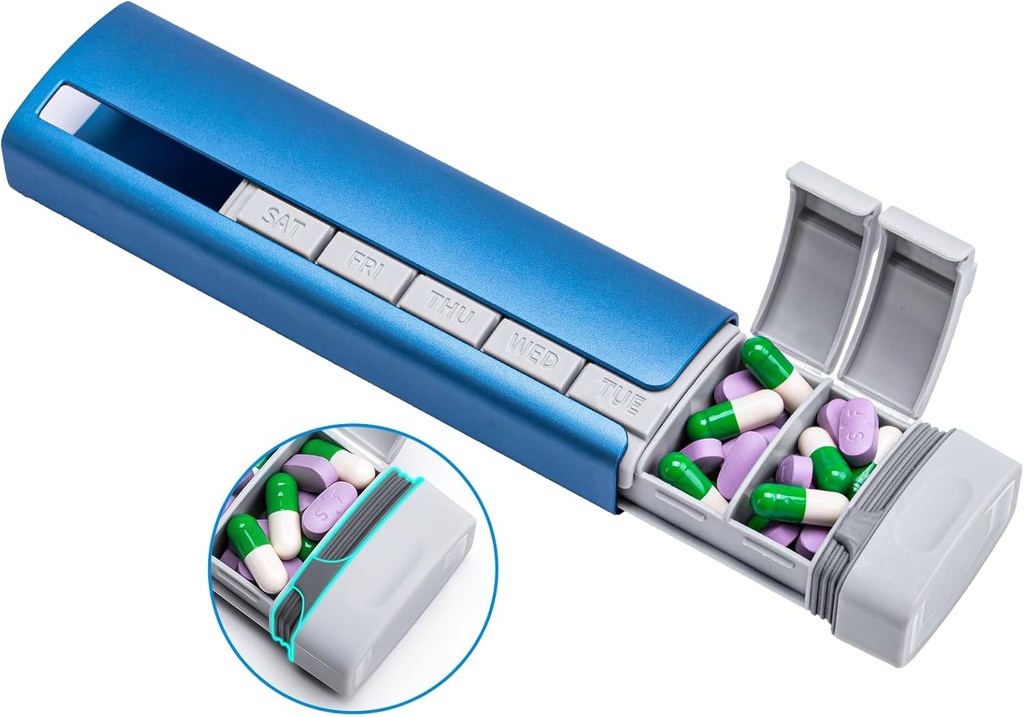 Daviky Metal Travel Pill מארגנת, Premium אלומיניום Pill Box 7 Day, Weekly Daily Pill Case, Stylish & Cute Pill Holder for Medicines, תוספים ווויטמינים (כחול +Gray)
